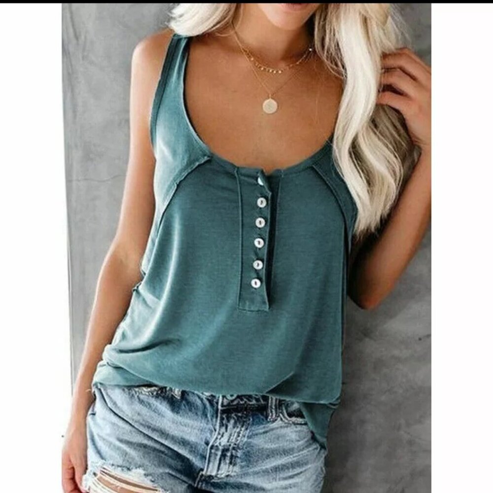 Women Summer Button Up Tank Top Casual Solid Teal Forest Green Shirt Beach Large